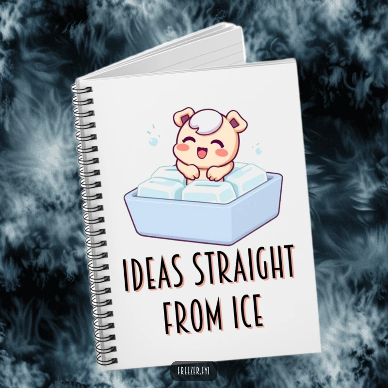 Funny notebook with a bubbly character playfully emerging from an ice cube tray, ideal for jotting down funny thoughts.