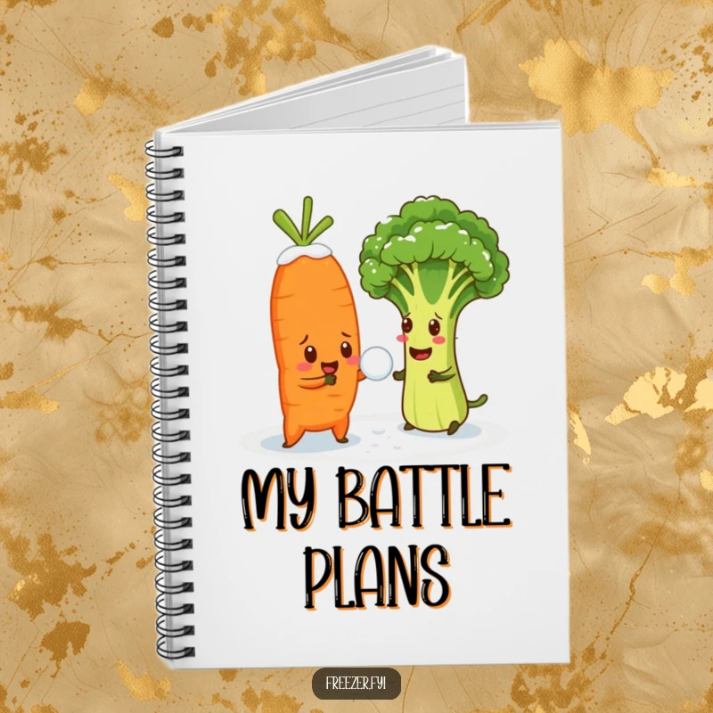 Funny notebook with a cheerful carrot in a snowball fight with a bewildered broccoli floret, for notes.