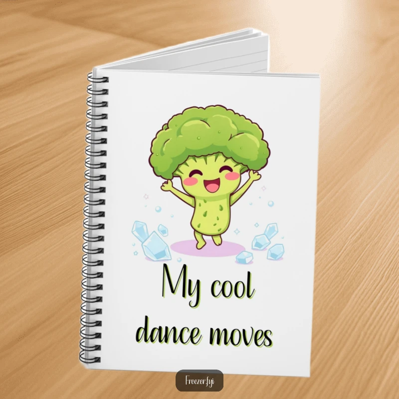 Funny notebook with a happy broccoli dancing among ice crystals, for capturing ideas with humor and energy.
