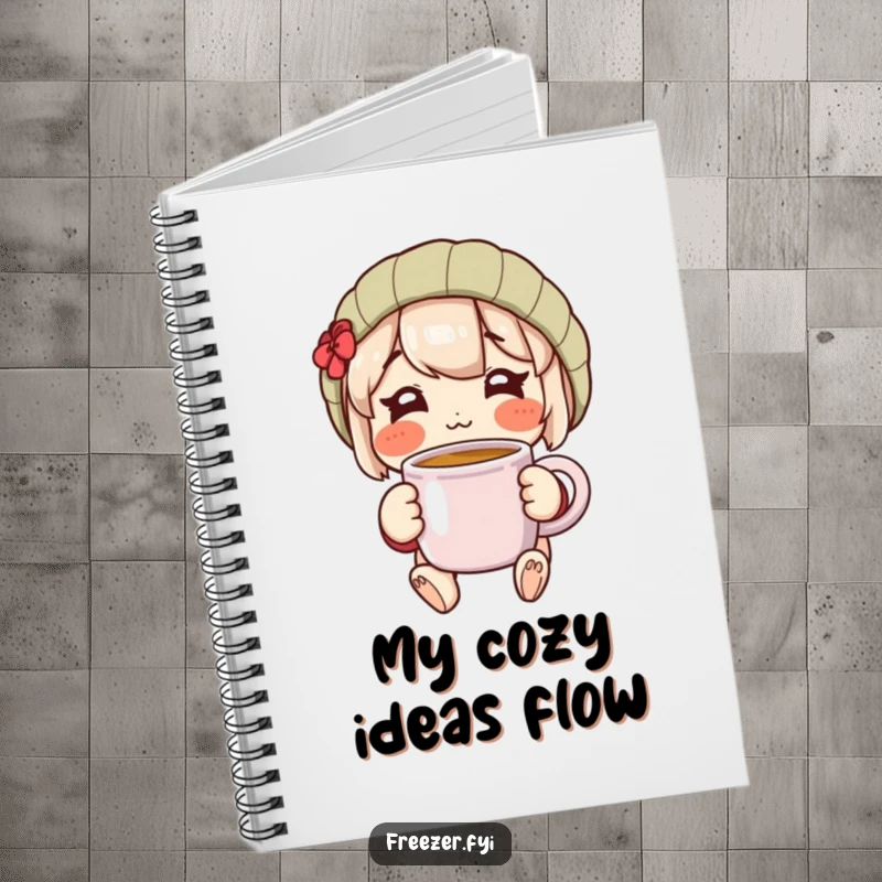 Funny notebook featuring a rosy-cheeked character happily holding a warm mug, perfect for jotting down warm thoughts and ideas.