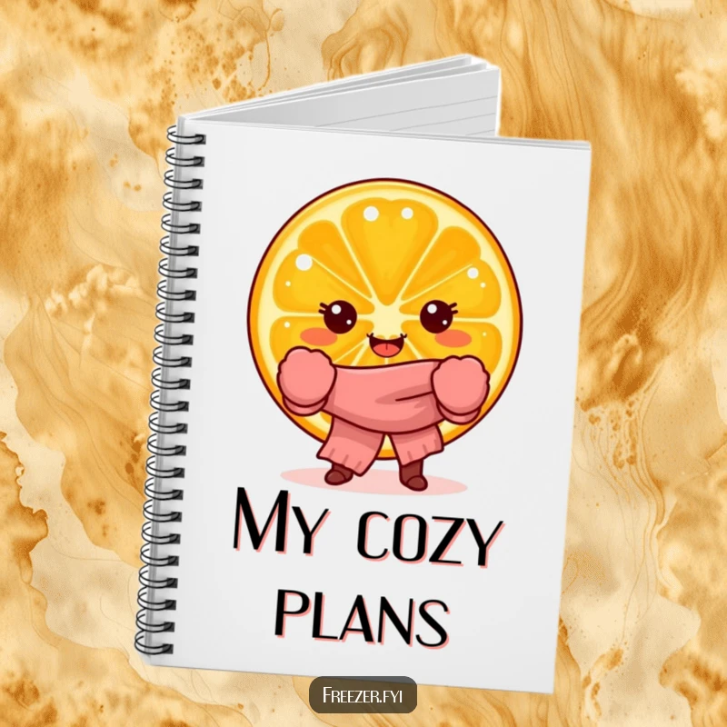 Funny notebook with a joyful orange slice character in mittens and scarf, for capturing ideas with citrus humor.