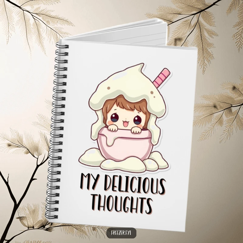 Funny notebook featuring a character peeking from an overflowing ice cream tub, designed for jotting down notes with a sweet, humorous touch.