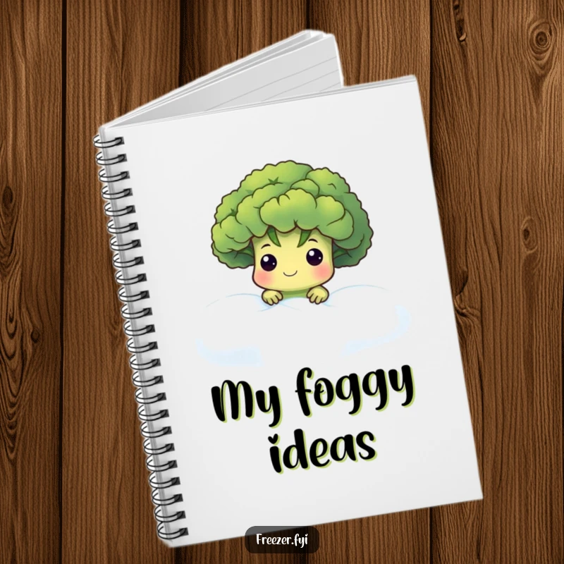 Funny notebook depicting a cute broccoli floret character peeking from frosty fog, perfect for jotting down notes with a mysterious, cool theme.