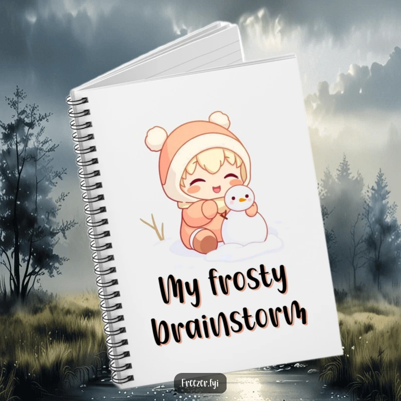 Funny notebook showing a character gleefully attempting to build a tiny snowman inside, perfect for capturing humorous ideas and plans.