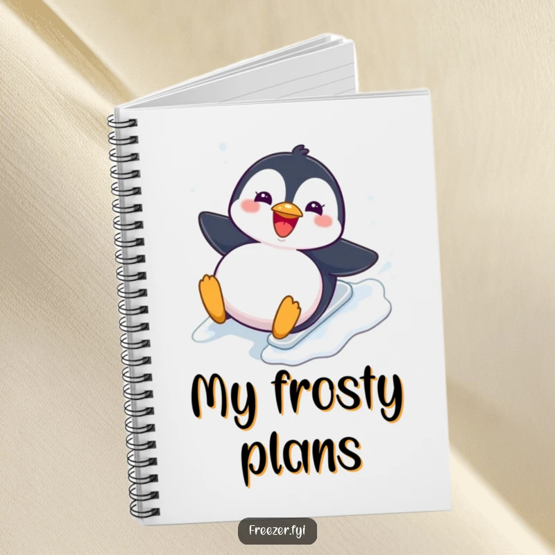Funny Notebook: A dotted journal featuring a chubby penguin gleefully sliding down an icy slope, ideal for jotting down winter inspirations.
