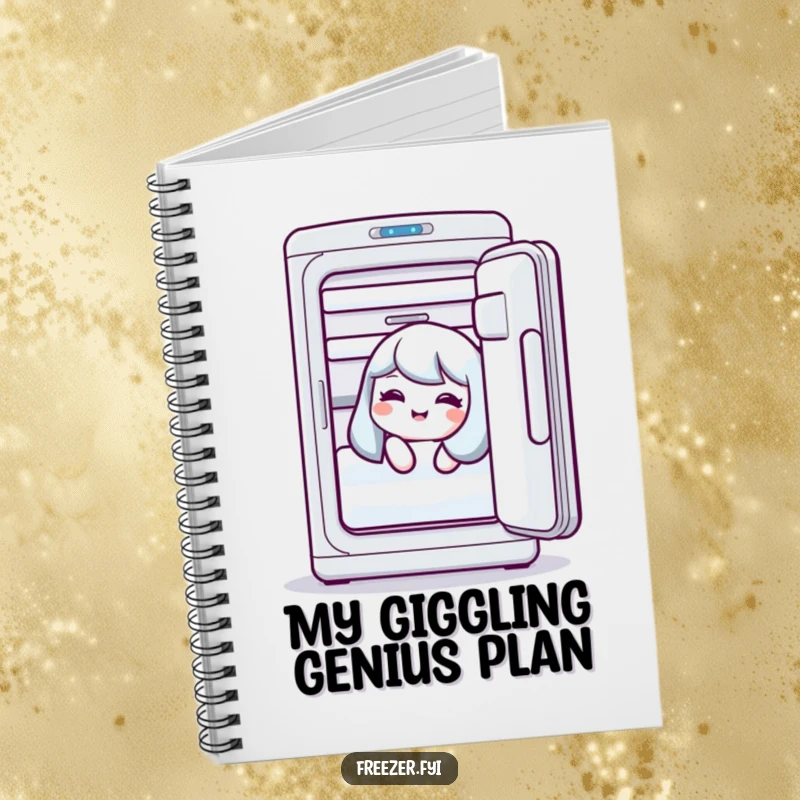 Funny notebook with a character giggling inside an open freezer, ideal for capturing secret thoughts, a humorous gift.