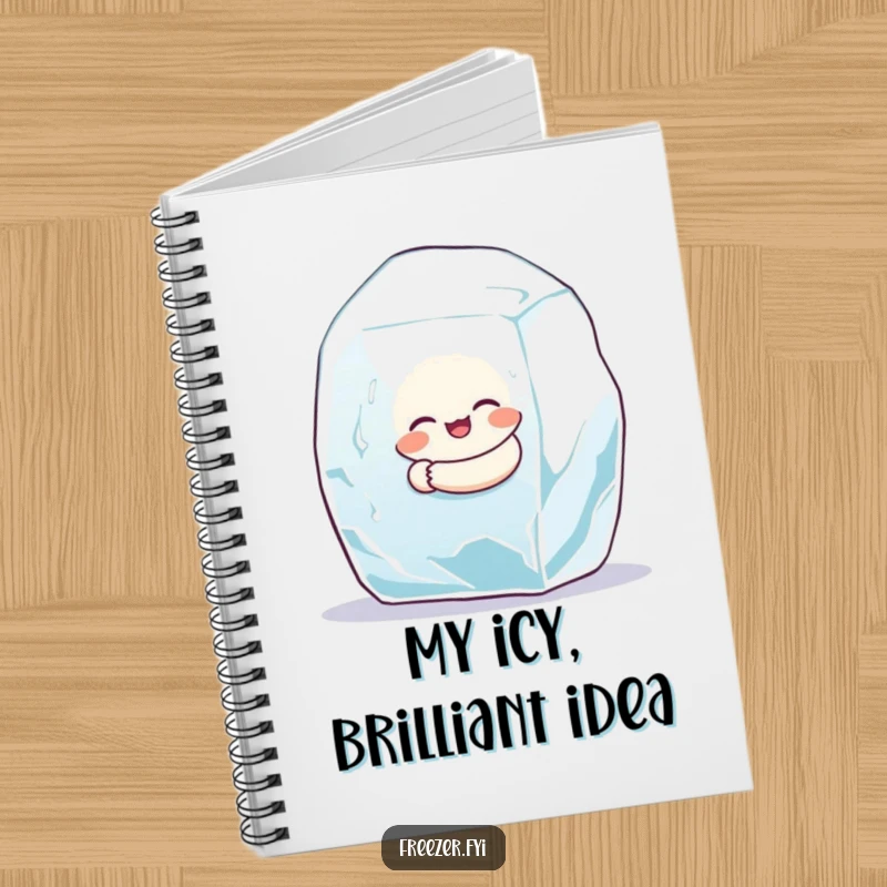 Funny notebook with a round character hugging an ice cube, ideal for capturing cool ideas, a humorous gift.