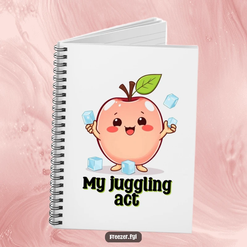 Funny notebook with a proud apple character juggling ice cubes, for capturing ideas with humor and cool talent.
