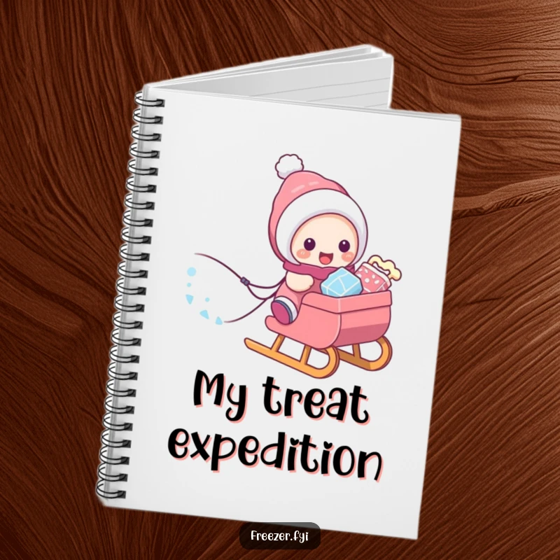 Funny notebook cover design of a character pulling a sled loaded with frosty treats, inspiring thoughts of winter indulgence.