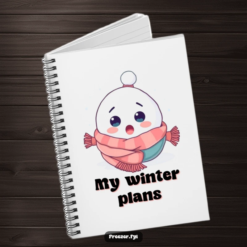 Funny notebook featuring a surprised snowball character tumbling headfirst into a cozy scarf, perfect for jotting down wintery thoughts.