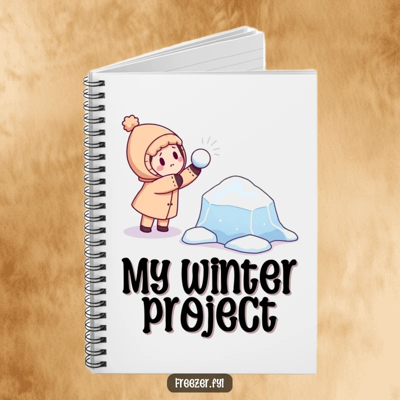 Funny notebook with a character playfully throwing a snowball at a curious, floating ice floe, ideal for jotting down snowy ideas.