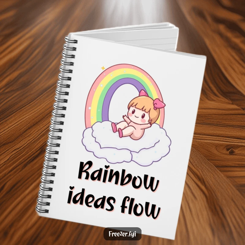 Funny notebook with a character happily sliding down a rainbow made of frost, ideal for jotting down magical thoughts.