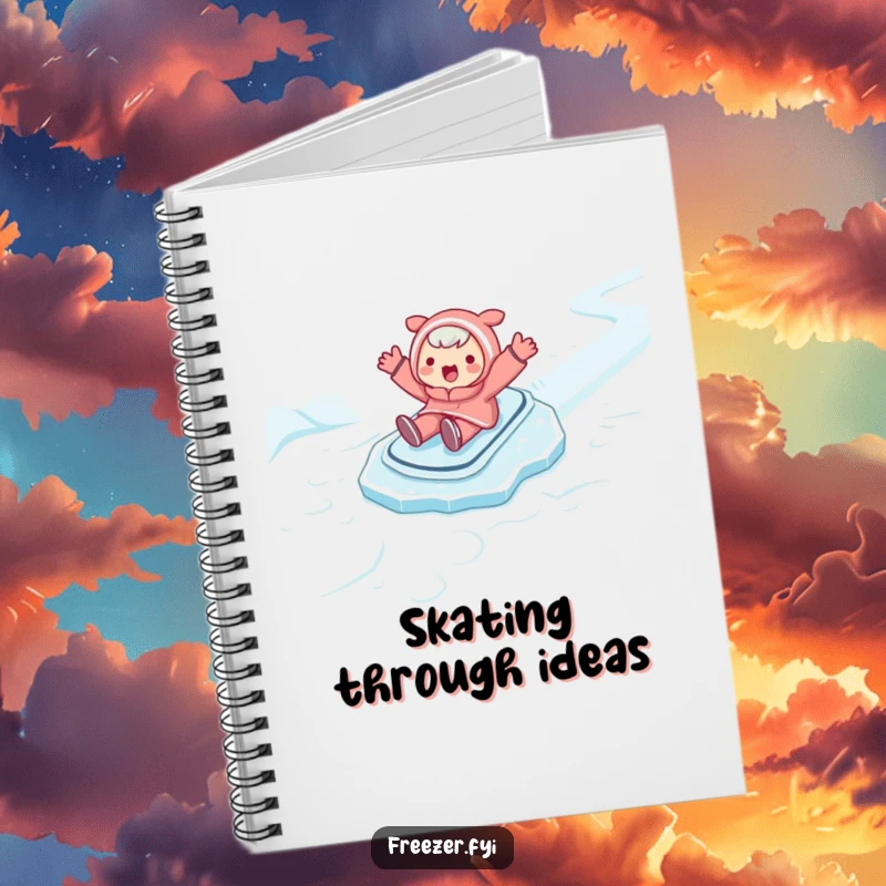 Funny notebook depicting a character happily sliding on ice with arms outstretched. Hilarious stationery for capturing winter thoughts.