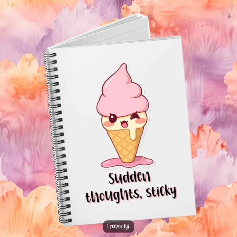 Funny ice cream cone notebook with a bewildered character melting slightly with surprise, ideal for jotting down sweet thoughts.
