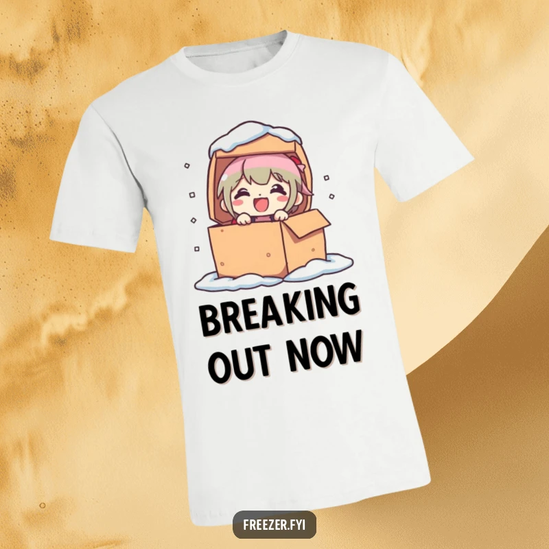 Funny t-shirt depicting a character bursting out of a frozen container with a look of utter delight and happiness.