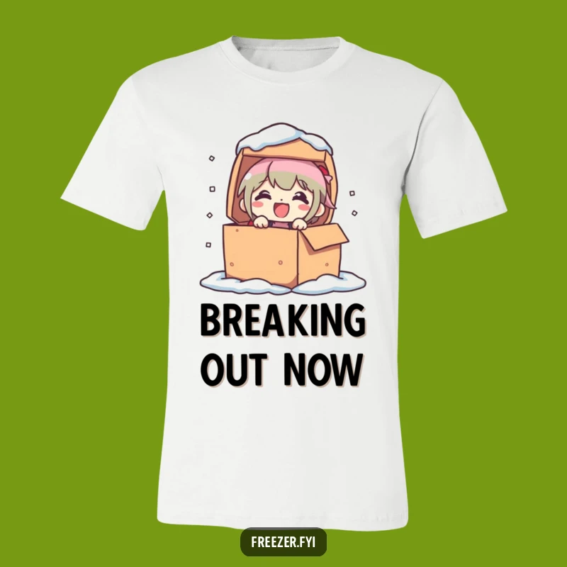 Funny Frozen Box T-Shirt: Character's Delighted Pop-Out Adventure Tee