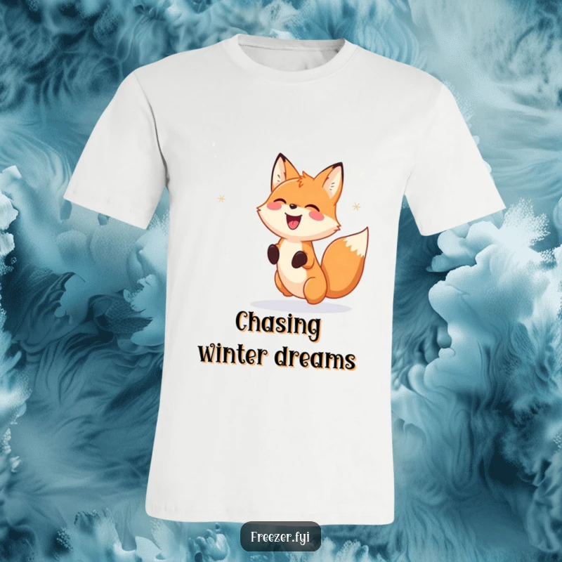 Funny T-Shirt: An illustration of a happy fox gleefully chasing delicate snowflake patterns, capturing a moment of winter delight.