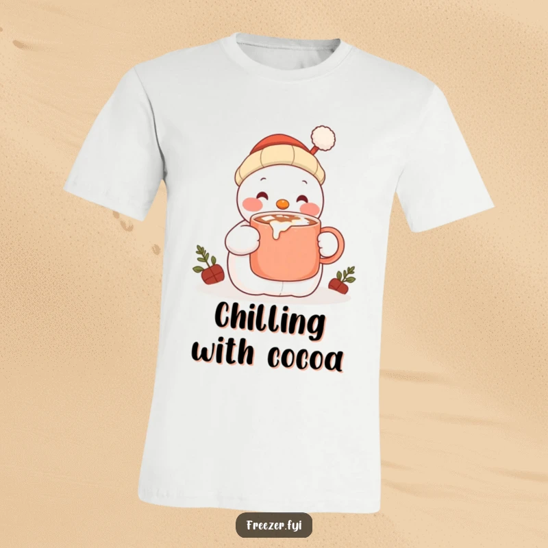 Funny t-shirt showing a content snowman character happily sipping hot cocoa from a large mug, celebrating winter coziness.