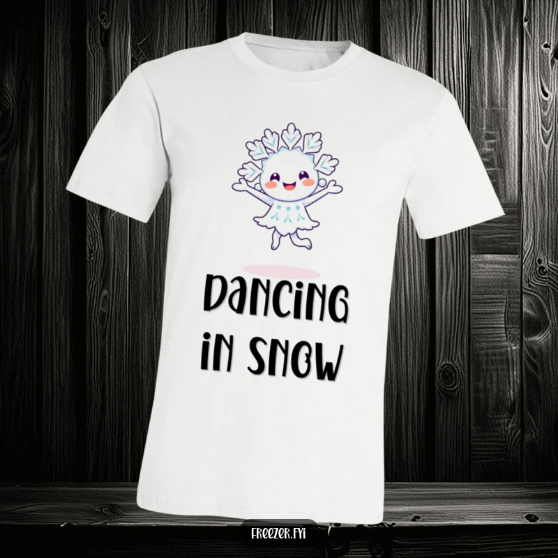 Funny happy snowflake character doing a pirouette, printed on a soft and cheerful t-shirt.