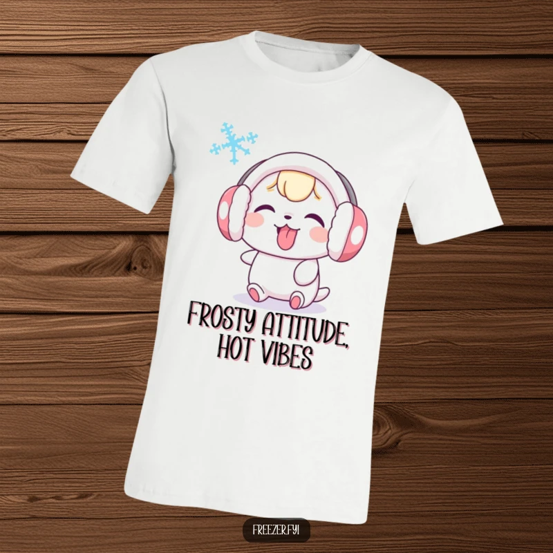 Funny t-shirt featuring a cute character wearing earmuffs, playfully sticking its tongue out at a swirling snowflake, indicating winter fun.