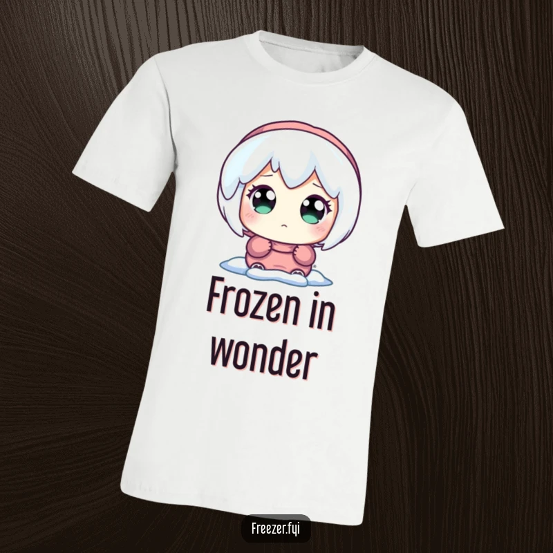 Funny t-shirt depicting a character with huge, mesmerized eyes staring at a luminous, glowing icicle, embodying winter fascination.