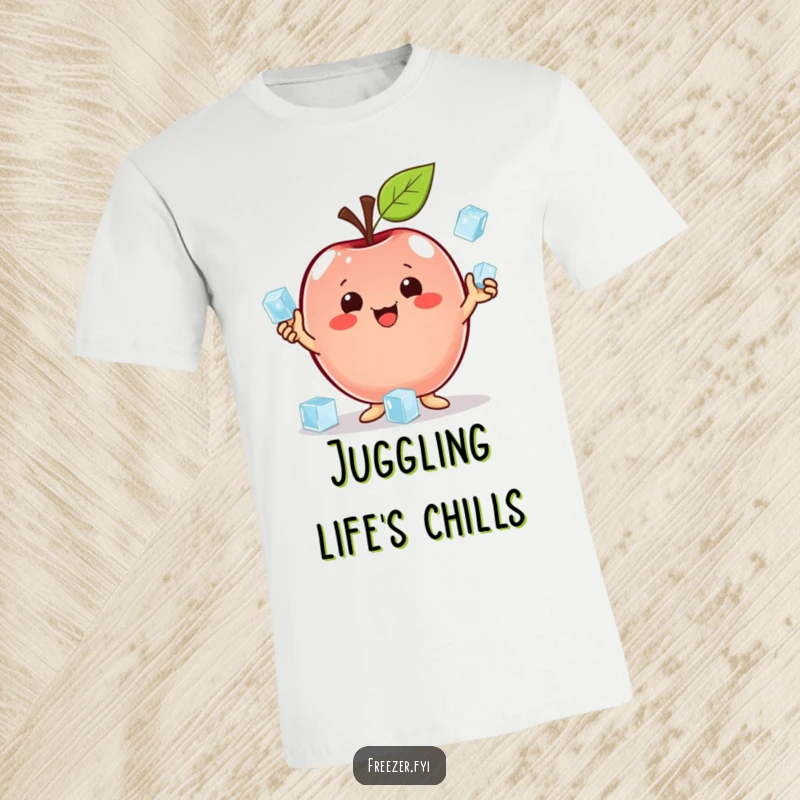 Funny t-shirt featuring a proud apple character juggling ice cubes, perfect for those who appreciate cool skills and humor.