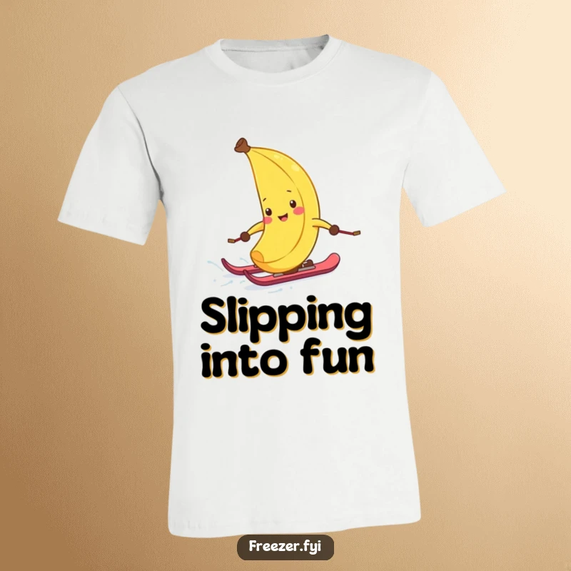 Funny T-shirt depicting a gleeful banana peel with tiny skis, hilariously speeding down a snowy slope, embodying winter sports exhilaration.