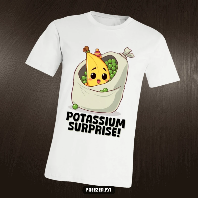 Funny t-shirt featuring a surprised banana wearing a tiny hat, peeking from behind a huge bag of peas, humorous apparel.