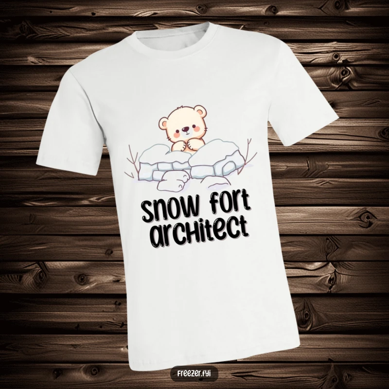 Funny T-Shirt: An illustration of a small bear cub energetically building a snow fort, showcasing a charming winter activity.
