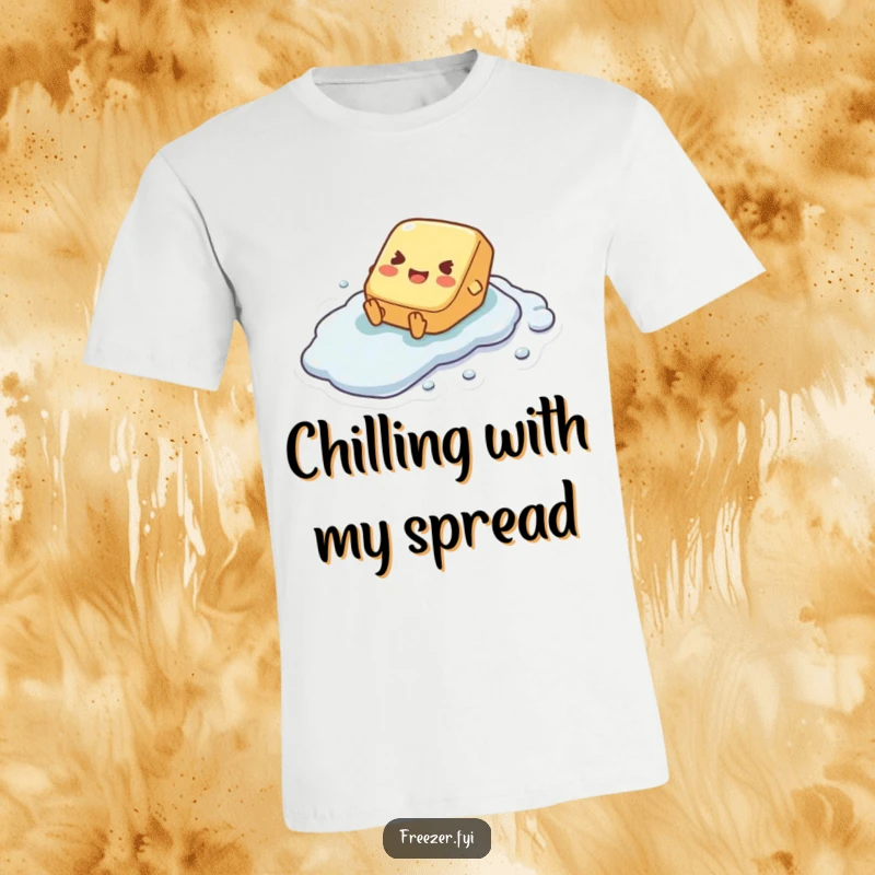 Funny t-shirt showcasing a tiny butter pat character joyfully sliding down a slippery, frosty surface with excitement.
