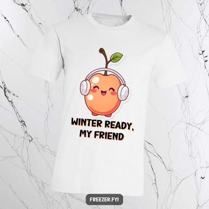 Funny t-shirt with a tiny cherry character wearing miniature earmuffs, looking pleased and ready for cold weather fun.