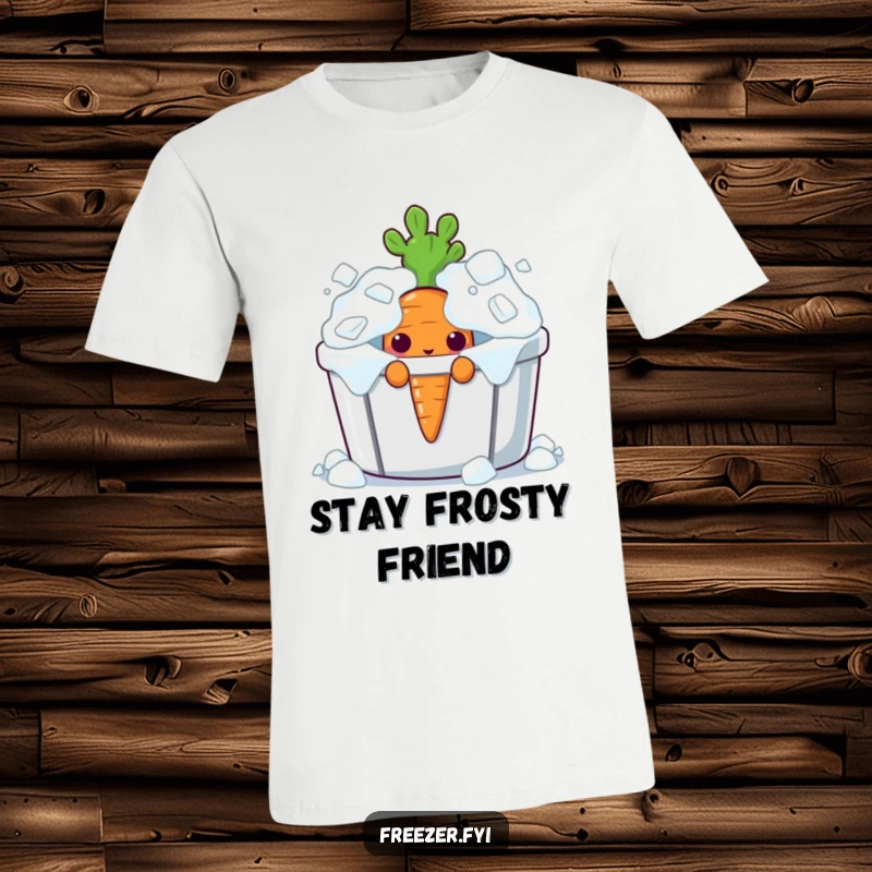 Funny curious carrot character peeking from an ice bin, printed on a humorous and comfortable t-shirt.