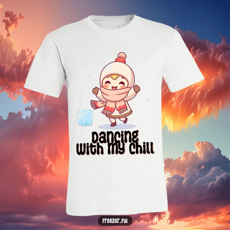 Funny t-shirt featuring a character in a scarf happily dancing alongside a small, shivering ice cube, symbolizing warmth and companionship.