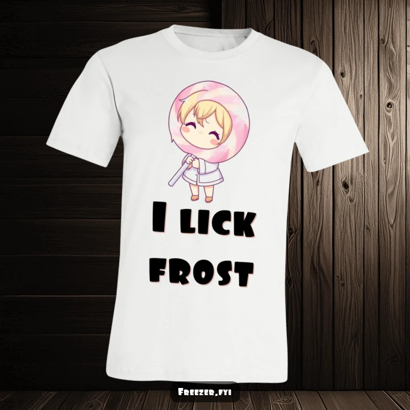 Funny t-shirt showcasing a character shivering and holding an enormous, frost-covered lollipop, a comical depiction of a sweet, cold struggle.