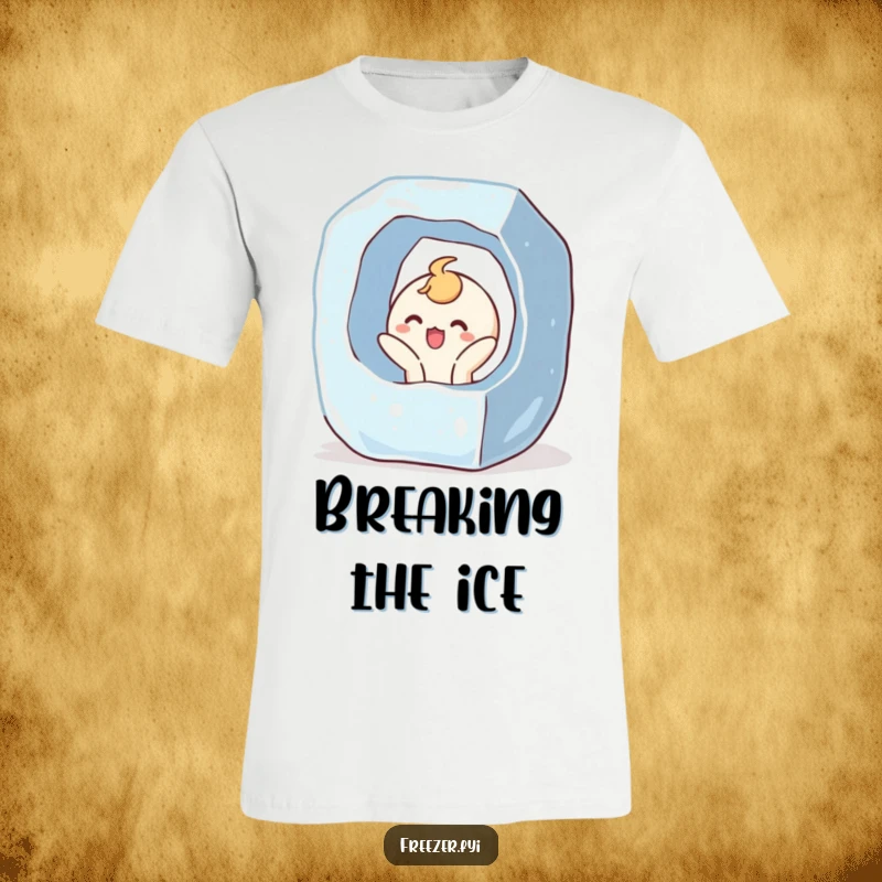 Funny t-shirt featuring a character bursting out of a giant ice cube with a surprised and joyful expression, symbolizing unexpected fun.