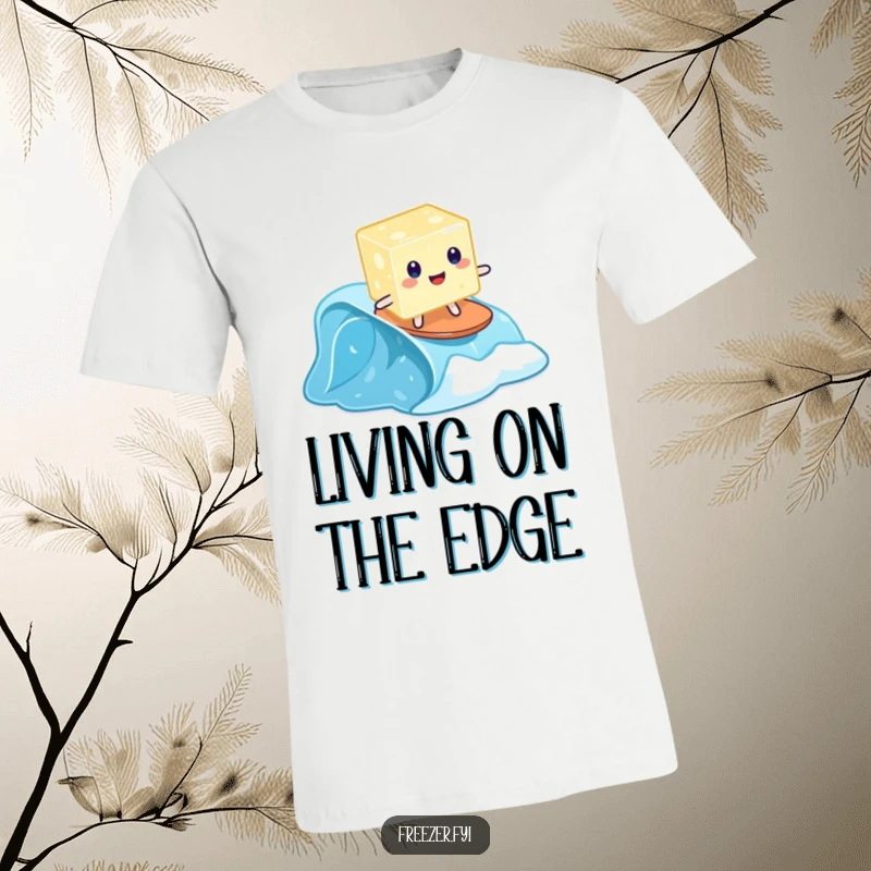 Funny t-shirt featuring a wobbly jelly cube attempting to surf on a tiny frozen wave, a humorous apparel choice.