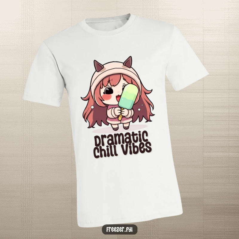 Funny t-shirt featuring a character with rosy cheeks shivering dramatically while holding a small popsicle, capturing a funny, cold moment.