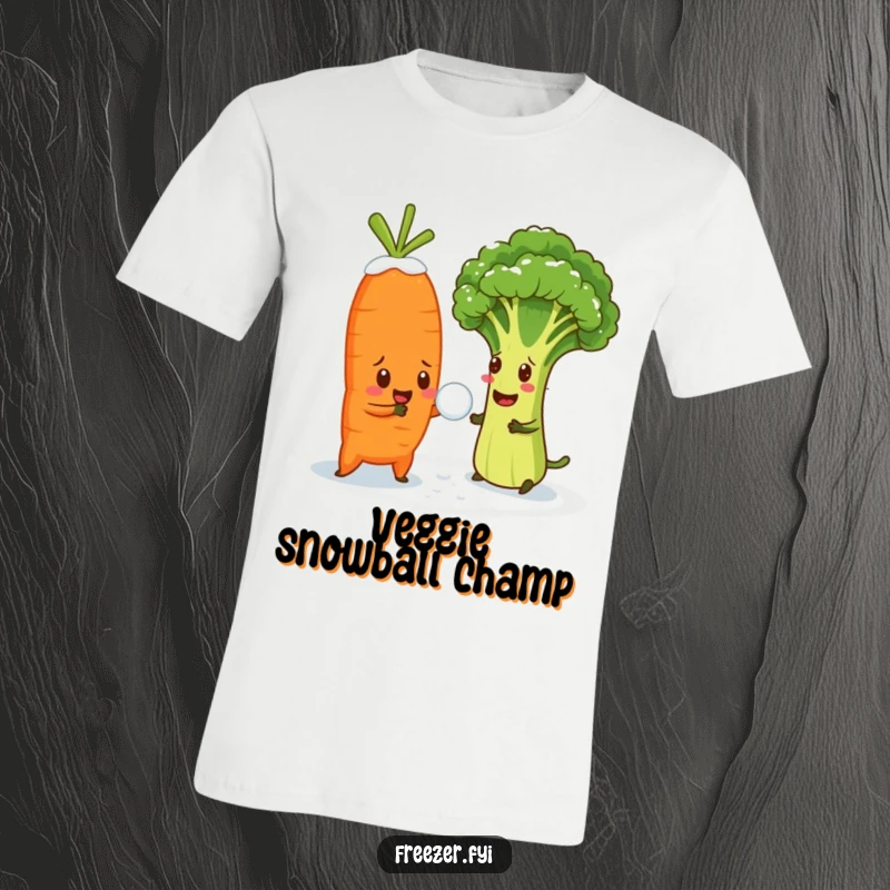 Funny t-shirt featuring a cheerful carrot in a snowball fight with a bewildered broccoli floret, a delightful veggie battle.