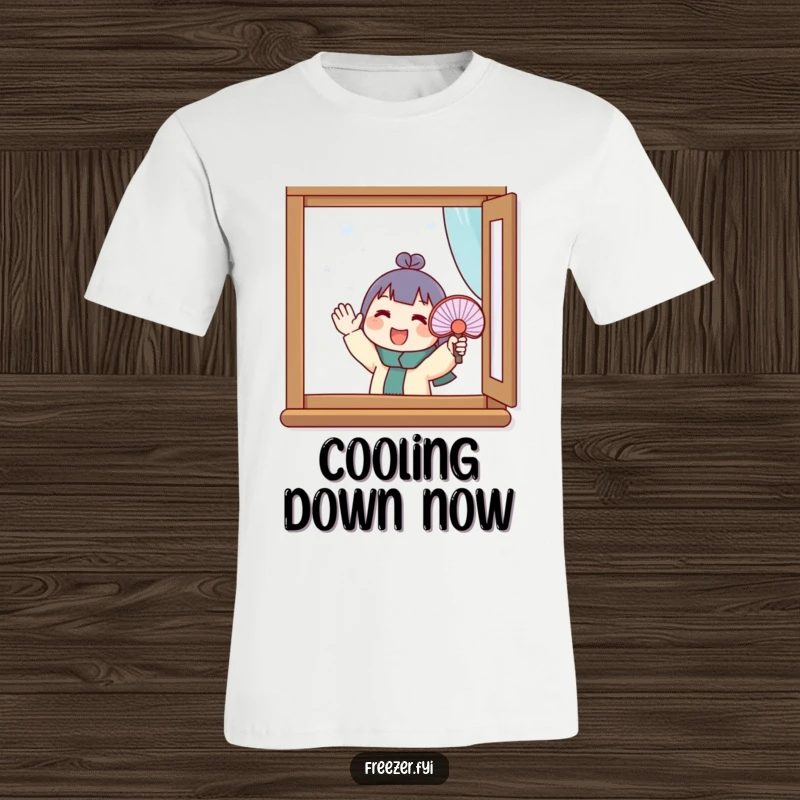 Funny t-shirt depicting a character energetically fanning a small hand fan towards a frosted window pane, seeking warmth.