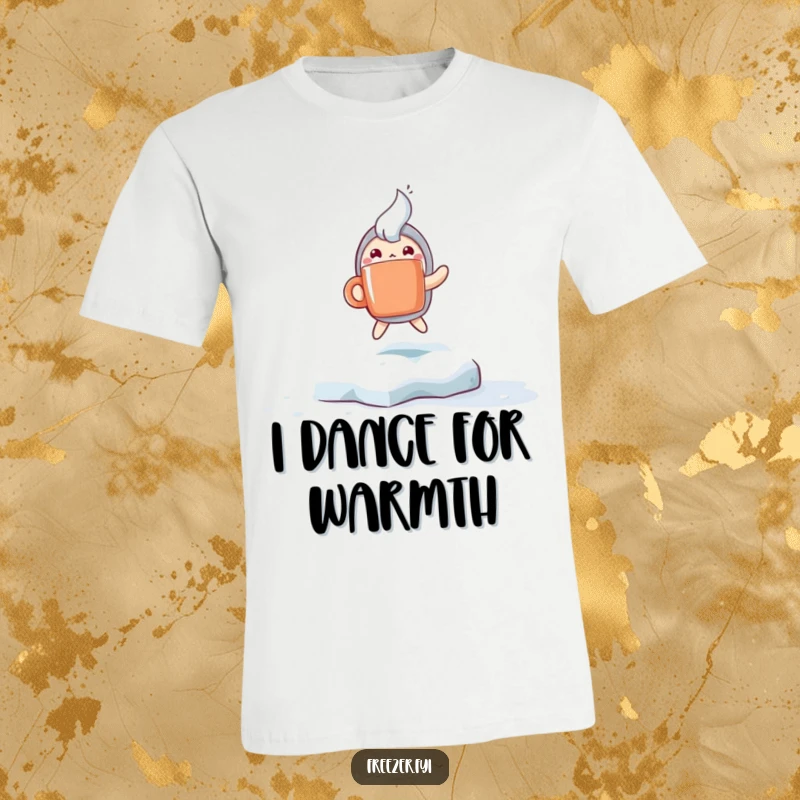 Funny T-shirt with a character holding a steaming mug and hopping excitedly on a frosty surface, capturing winter's playful energy.