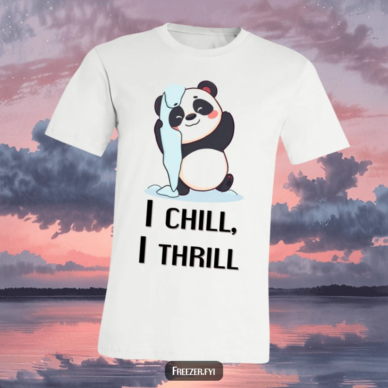 Funny panda t-shirt featuring a cute panda attempting to hug a massive icicle, celebrating playful, chilly moments.