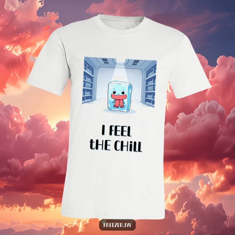 Funny t-shirt with a lonely ice cube in a scarf dramatically shivering in a vast freezer, a hilarious wearable joke.