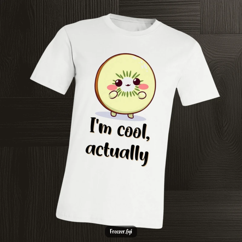 Funny Kiwi Slice T-Shirt: Cute fruit character shrugging playfully in the cold, ideal for a humorous gift.
