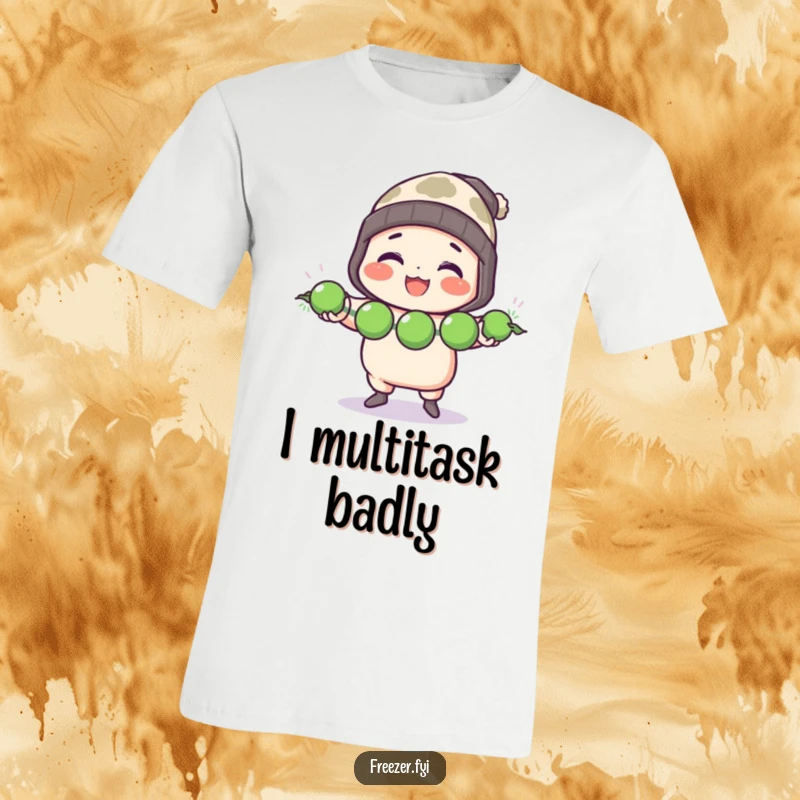 Funny T-shirt featuring a character in a toque cheerfully juggling three frozen peas, embodying playful culinary expertise.