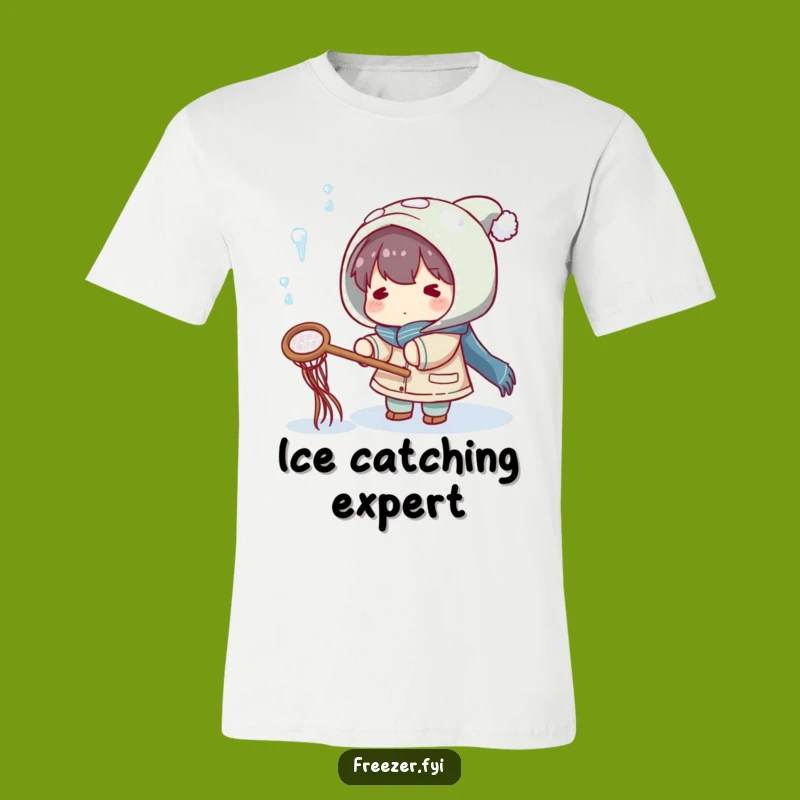 Funny Icicle Chase T-Shirt: Character Catches Falling Ice with Net