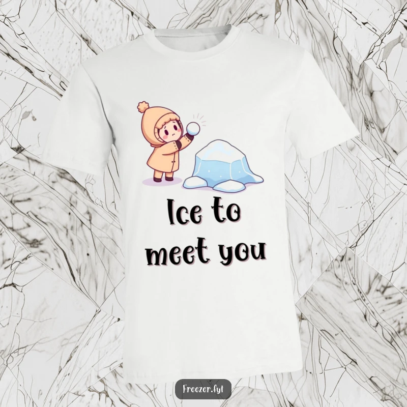 Funny T-shirt with a character playfully throwing a snowball at a curious, floating ice floe, depicting a whimsical winter battle.