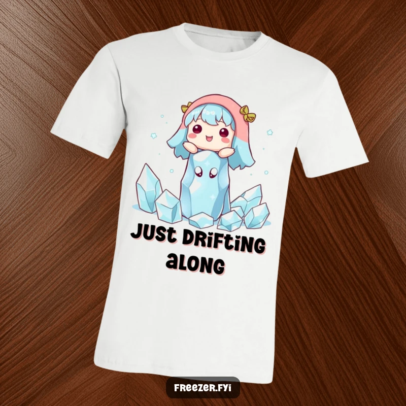 Funny t-shirt depicting a character floating joyfully among scattered ice crystals, conveying a sense of peaceful winter wonder.