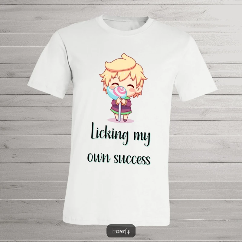 Funny t-shirt depicting a character joyfully spinning a frozen lollipop stick, celebrating sweet moments and playful delight.