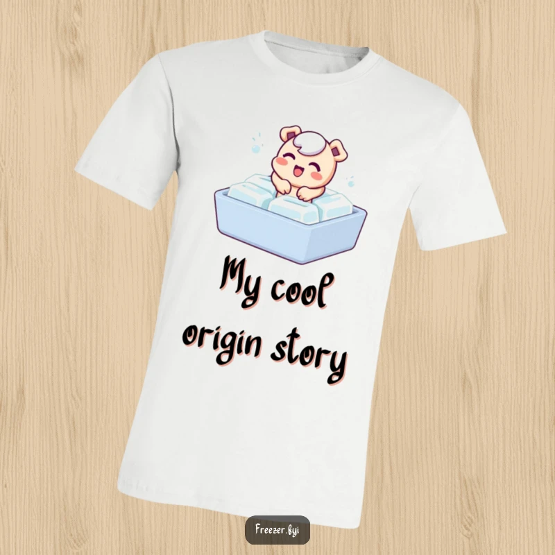 Funny T-shirt featuring a bubbly character playfully escaping an ice cube tray, symbolizing refreshing and cool humor.