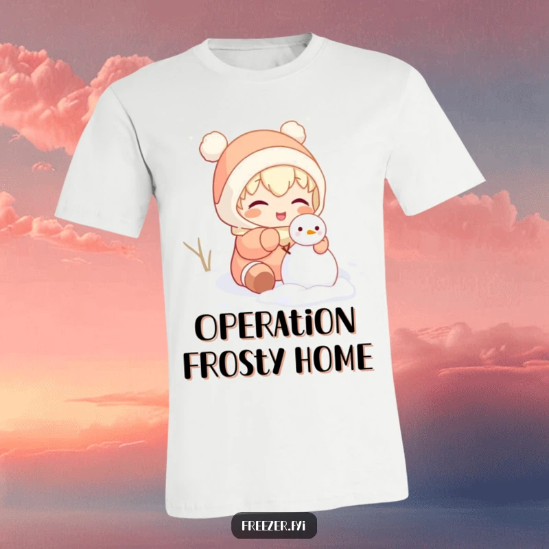 Funny T-shirt depicting a character gleefully attempting to build a tiny snowman inside, showcasing indoor winter playtime humor.